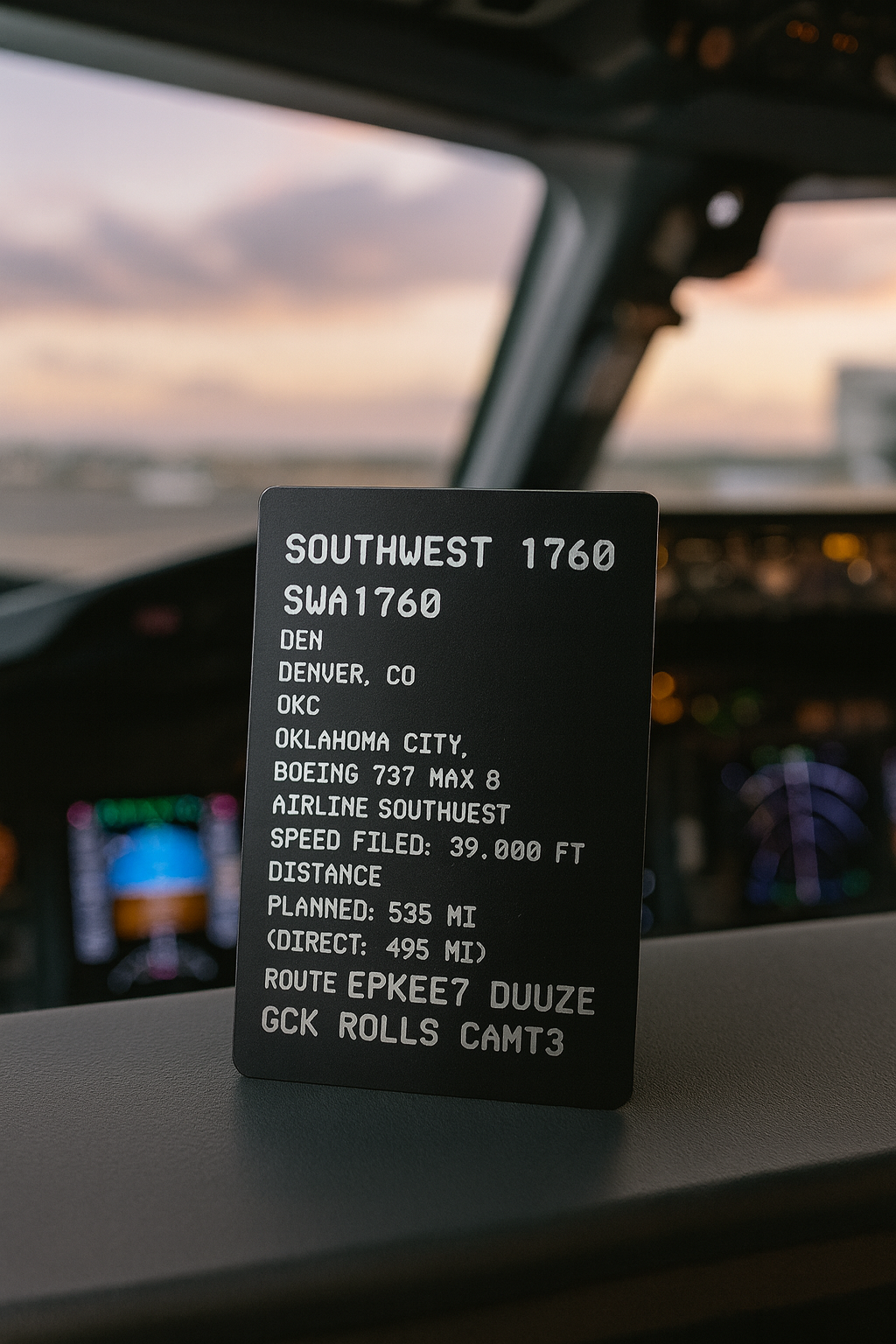 Laser engraved metal keepsake card for pilots with flight information inside an aircraft cockpit