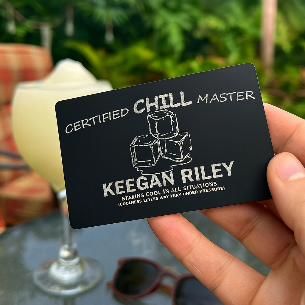 Black card with 'Certified Chill Master' text and ice cube illustration, held in front of a blurred outdoor setting with a drink and sunglasses.
