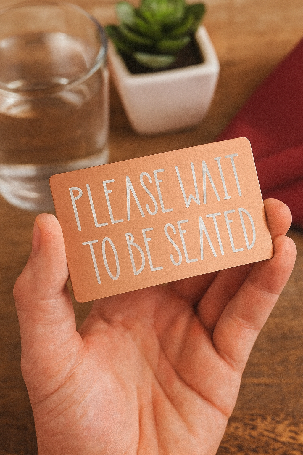 Hand holding a rose gold card with 'Please Wait to be Seated' text on a wooden table.