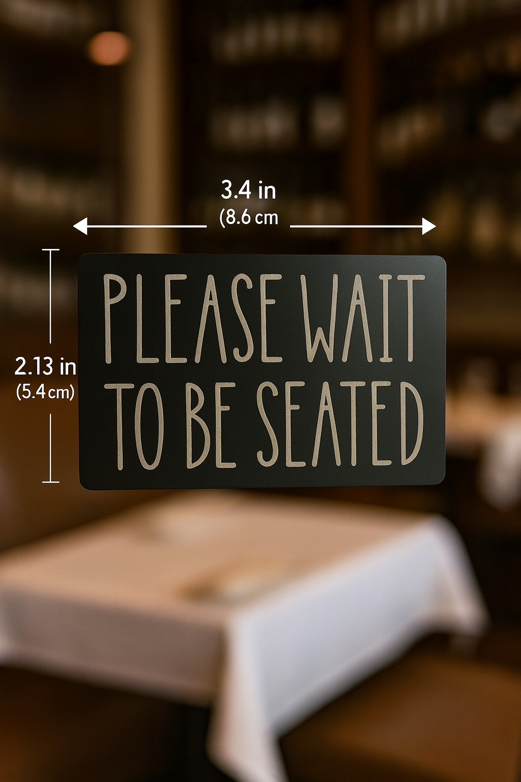 Black metal restaurant cafe sign with 'Please Wait to Be Seated' text and dimensions in a restaurant setting