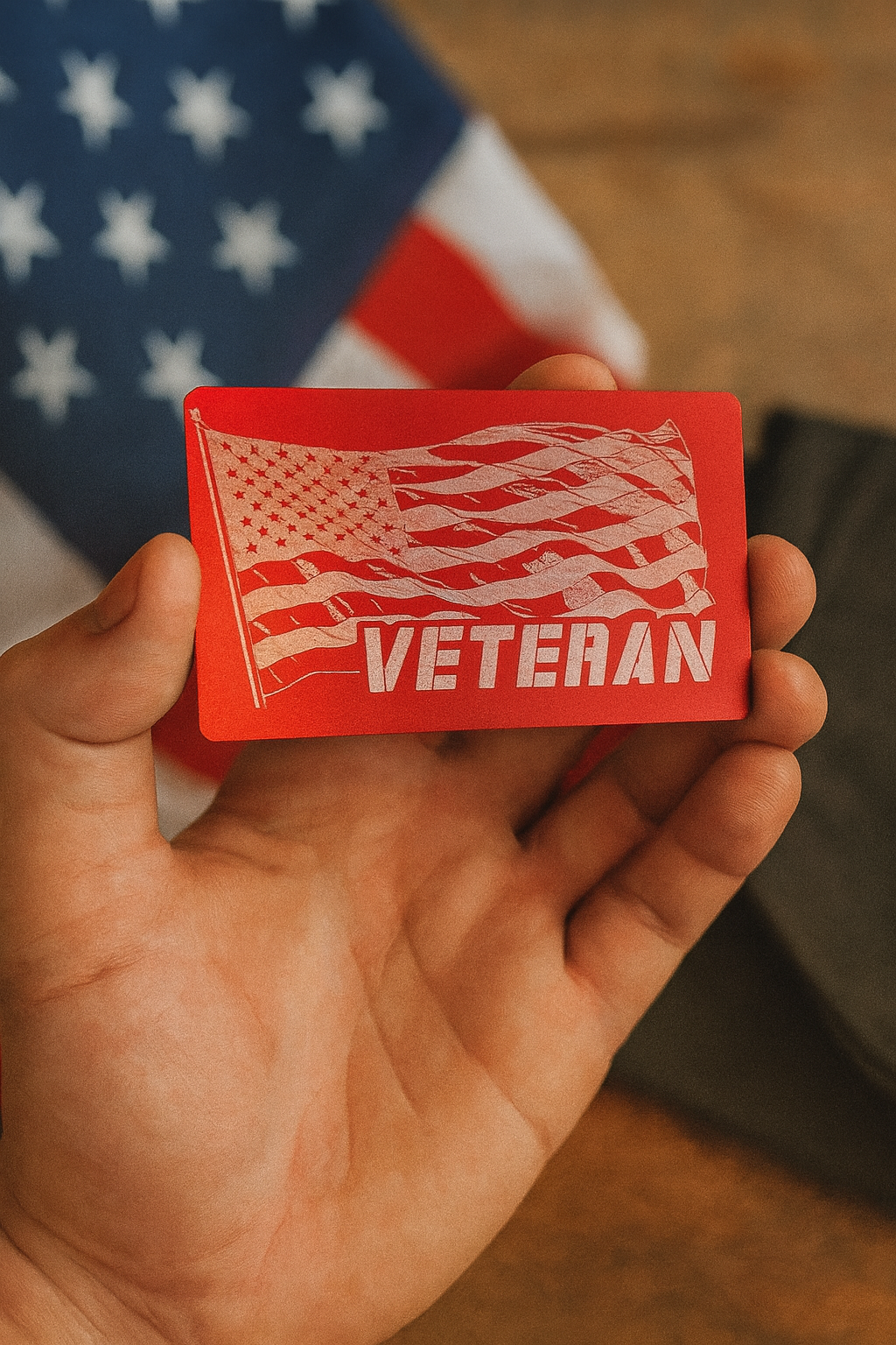 Hand holding a red metal 'VETERAN' card with an American flag design in front of a patriotic display