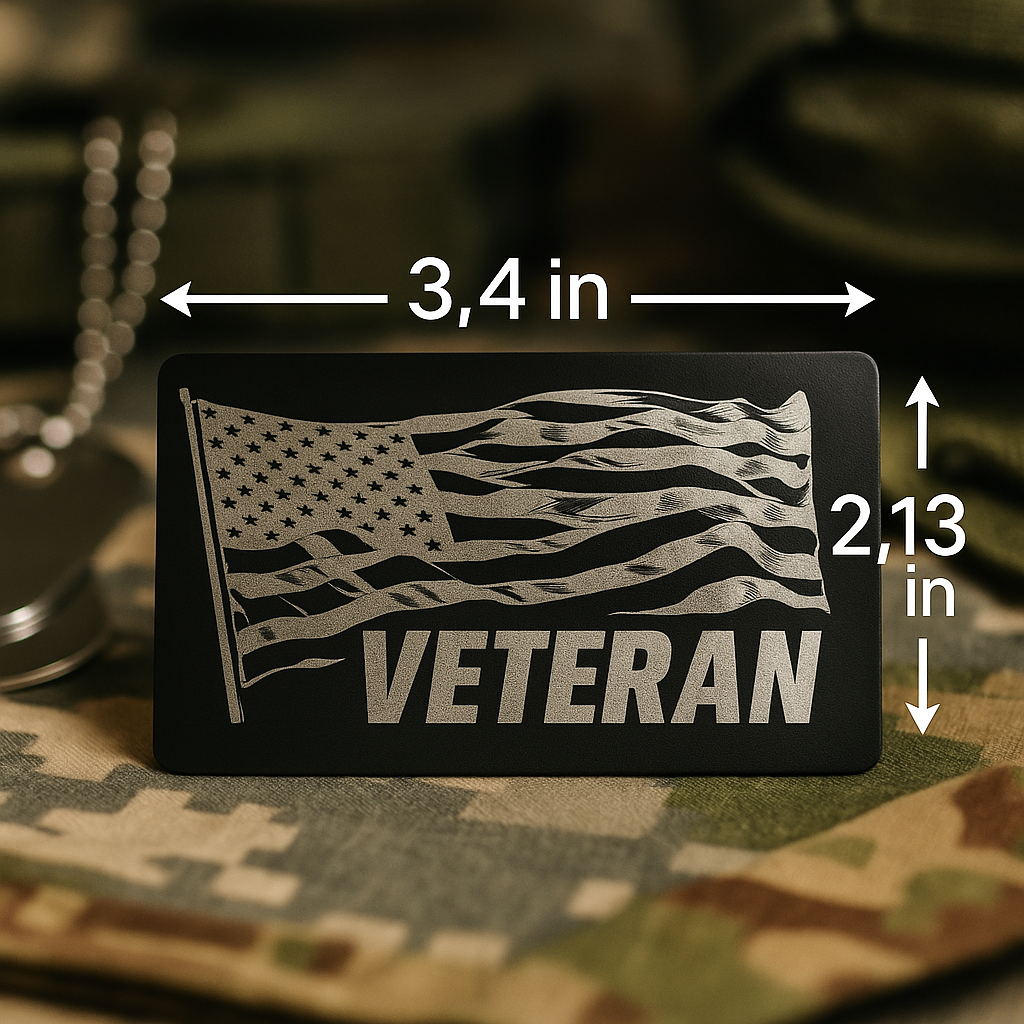 Dimensions for Black rectangular pendant with American flag and 'VETERAN' text on a camouflage background