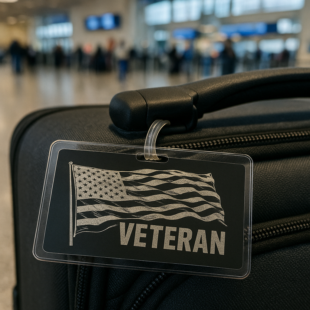 Luggage tag with American flag and 'VETERAN' text on a suitcase in an airport.