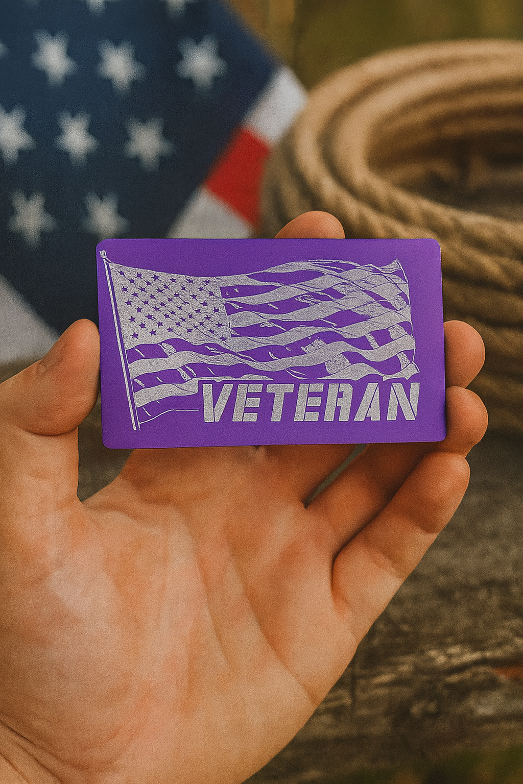 Hand holding a purple card with American flag design and 'Veteran' text, with an American flag and rope in the background.