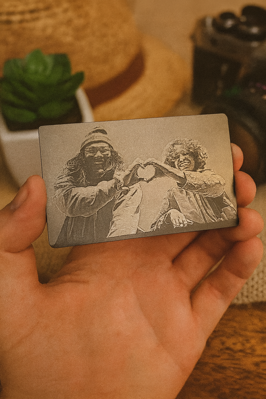 Hand holding a metal card with custom photograph engraved image of two people making a heart, with plants in the background.