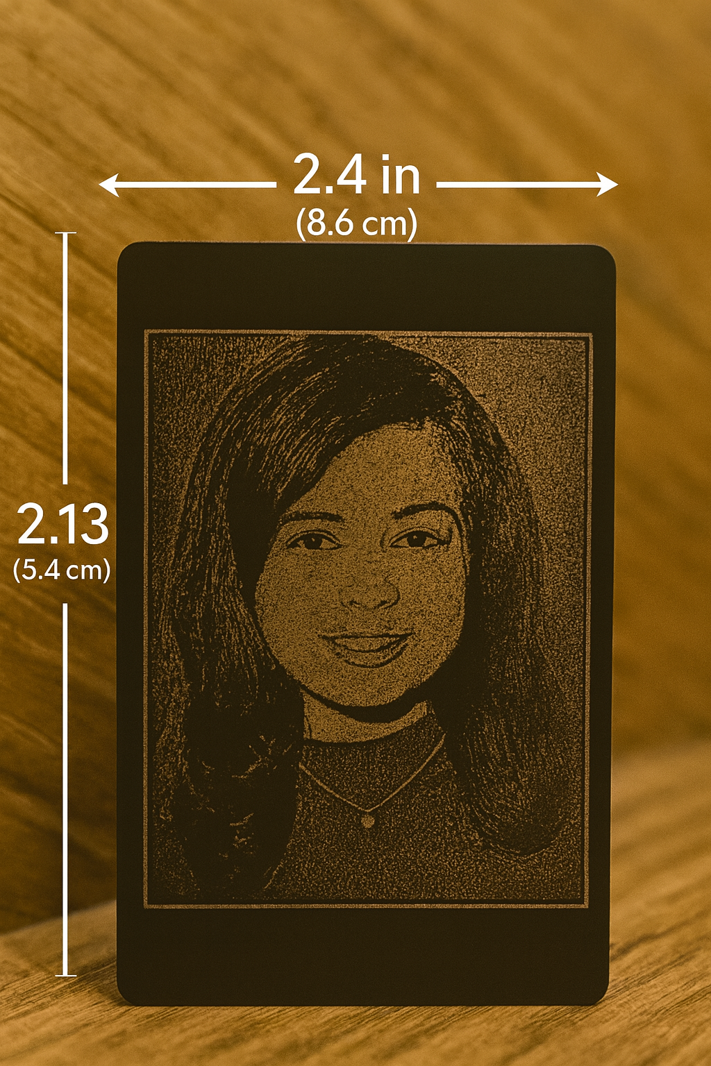 Metal engraving of a portrait of a woman with dimensions labeled on a wooden background