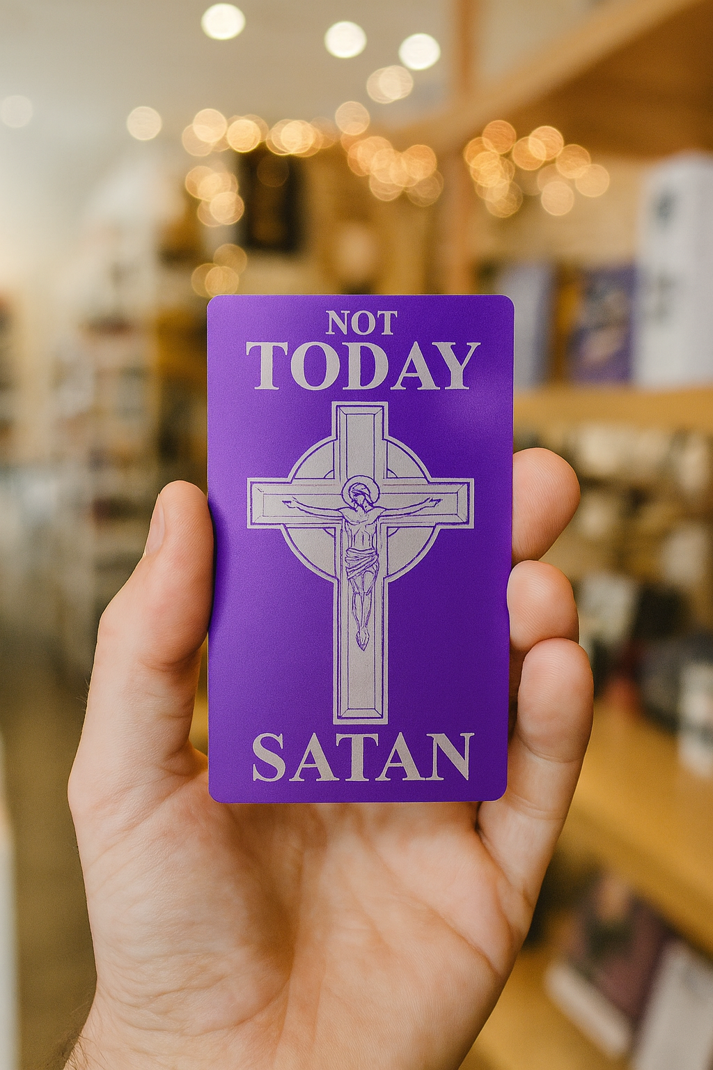 Purple metal card with cross design and text held by a hand in a store setting