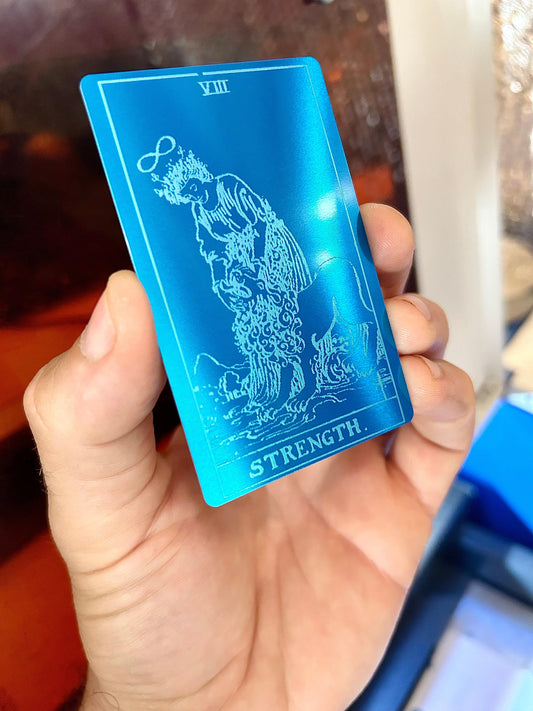 Strength metal tarot card laser engraving in blue/silver anodized aluminum