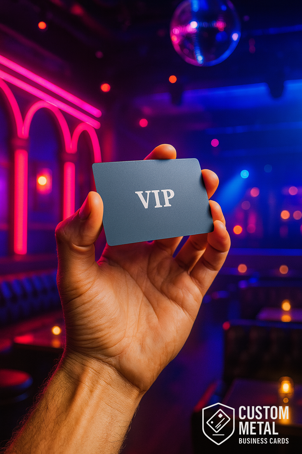 Hand holding a Metal VIP card in front of a vibrant nightclub setting with colorful lights.