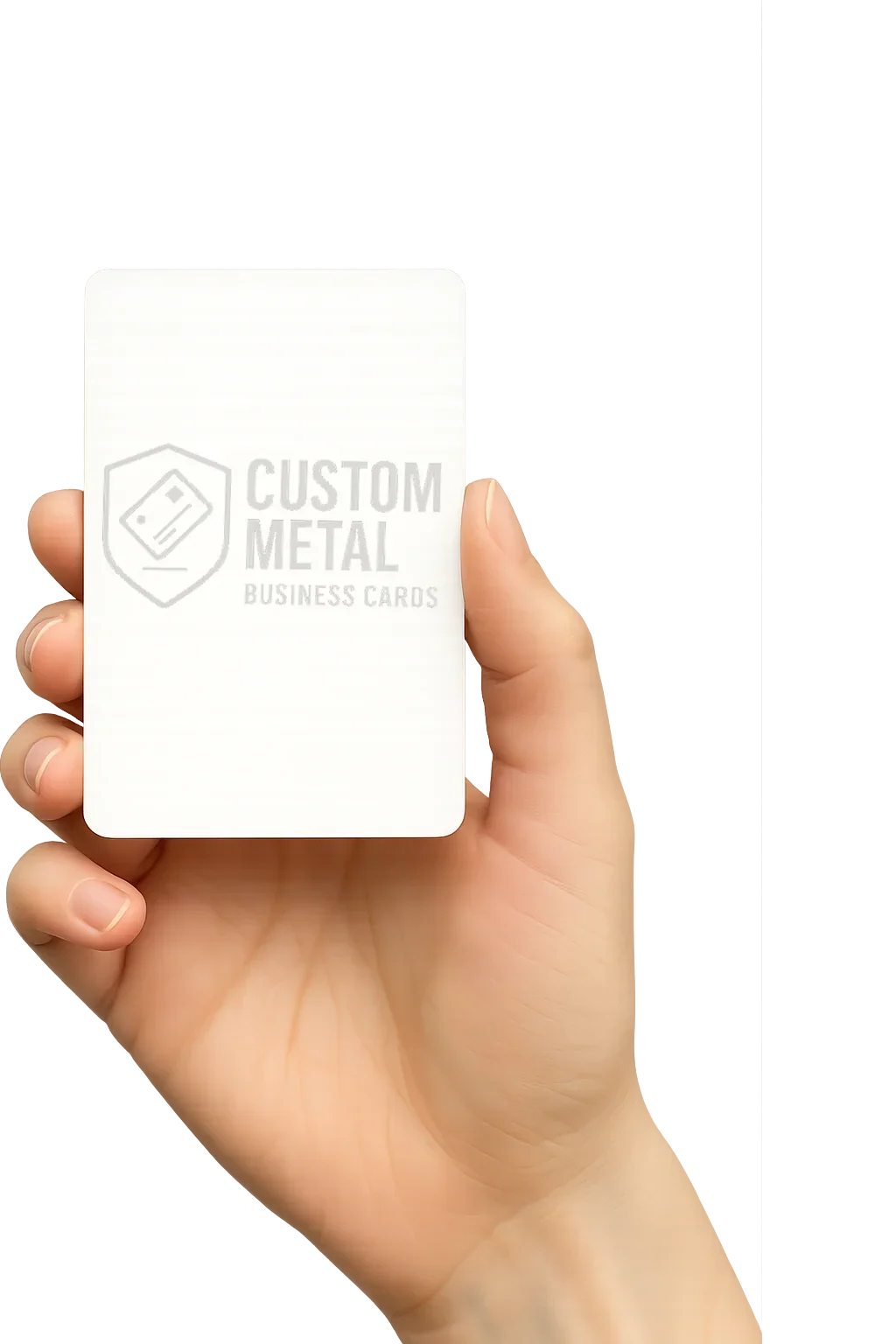 Hand holding a white business card with 'Custom Metal' branding on a white background