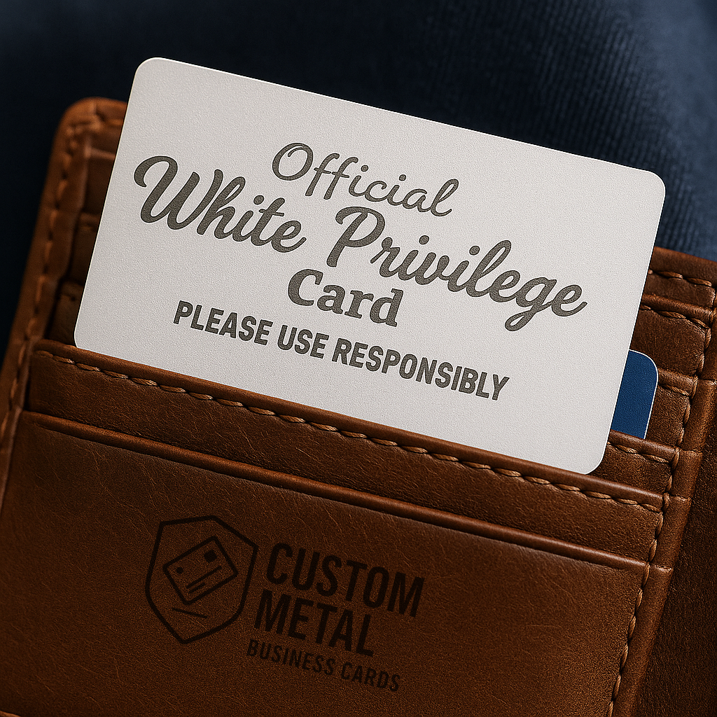 Card with 'Official White Privilege Card' text in a wallet, with 'Custom Metal Business Cards' branding.