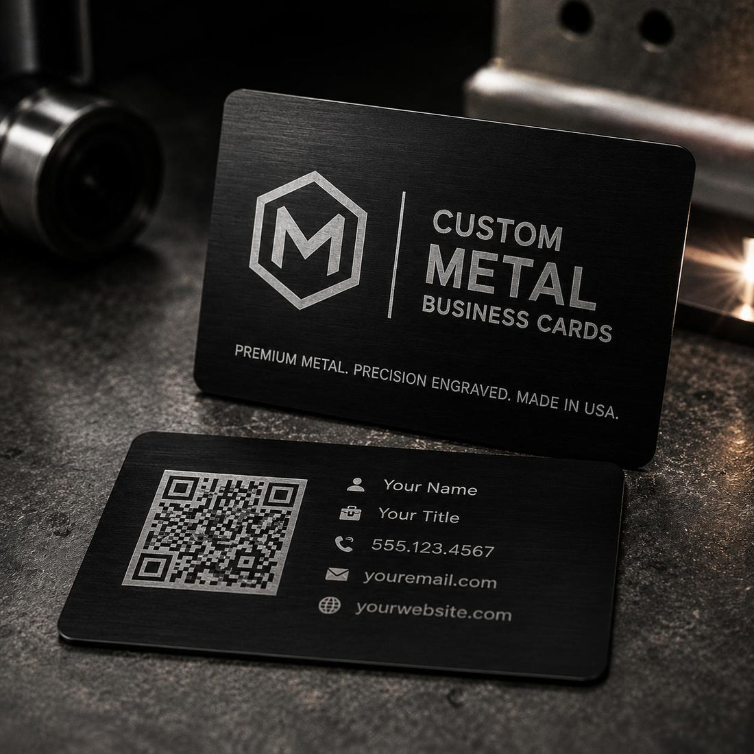 Custom metal business card laser engraved in black/silver anodized aluminum