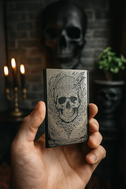 Hand holding a metal novelty card with a detailed skull design against a dark background