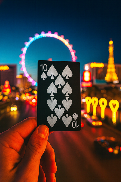 Metal playing card with the number 10 of spades held up against a vibrant cityscape at night.