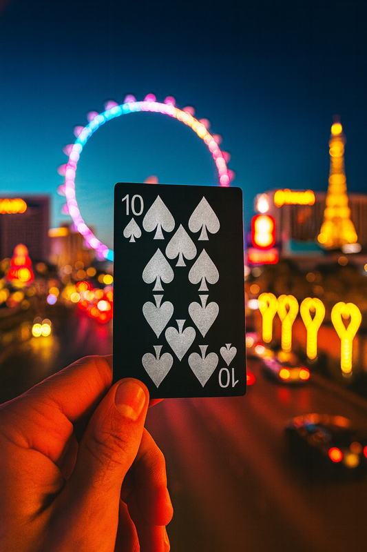 Metal playing card with the number 10 of spades held up against a vibrant cityscape at night.