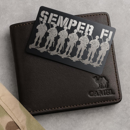 Brown leather wallet with 'Semper Fi' metal card on a gray background