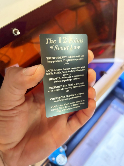 metal laser engraved keepsake with 'The 12 Points of Scout Law' text.