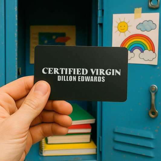 Hand holding a black card with 'CERTIFIED VIRGIN" with customized text in front of a blue locker.