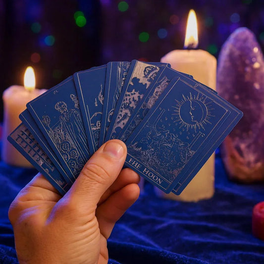 Hand holding metal tarot cards with candles and a crystal ball in a mystical setting
