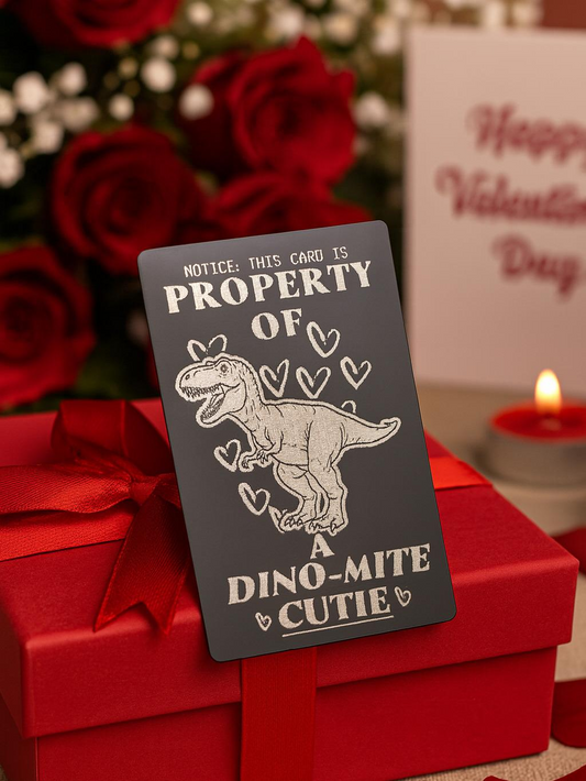 Valentine's Day card with dinosaur design on a red gift box with roses and candle in the background.