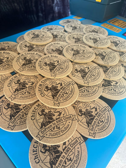 Laser engraved cork coasters with customized branding design