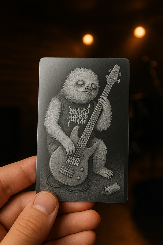 Metal laser engraved keepsake card with a sloth musician playing a bass guitar held by a hand against a dark background