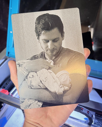 Laser engraved photo 5x7 metal portrait of man with baby