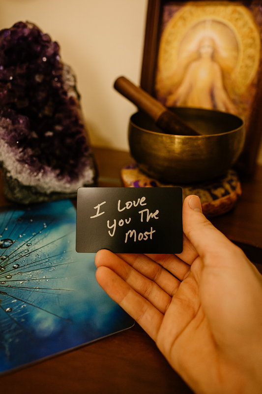 Hand holding a romantic keepsake gift card with 'I Love You The Most' text engraving in front of a meditation setup with crystals and a bowl.