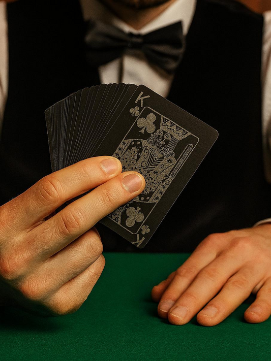 Person holding playing cards with a focus on the King of Clubs card.