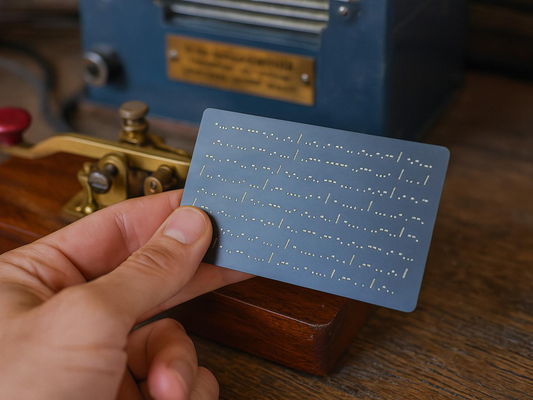 Hand holding a morse code secred message card with text in front of an old machine.