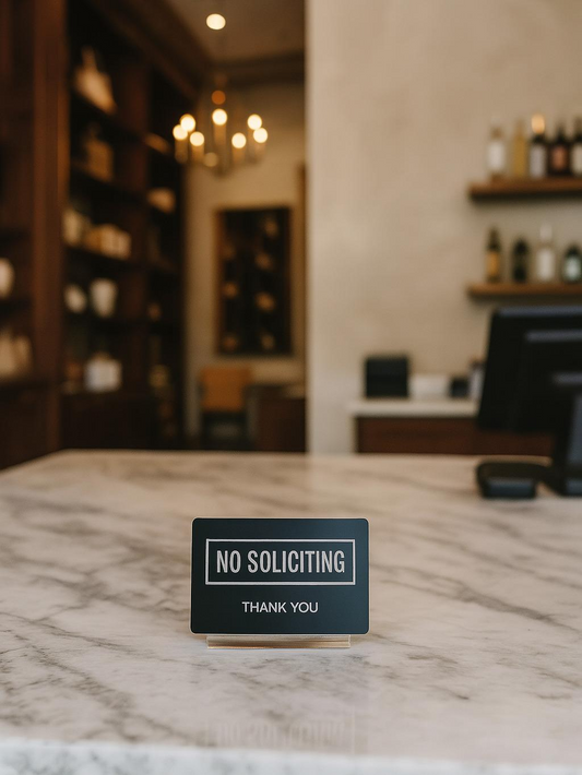 No Soliciting sign on a marble surface with a blurred background of a room.