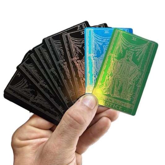 Complete Metal Tarot Card Deck – 78 Card Set Major & Minor Arcana – Laser Engraved Anodized Aluminum Tarot for Readers, Collectors & Gifts