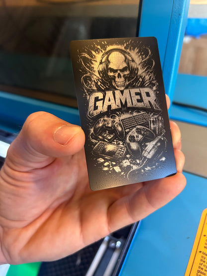 Wallet-sized gamer identification card with detailed graphic engraving