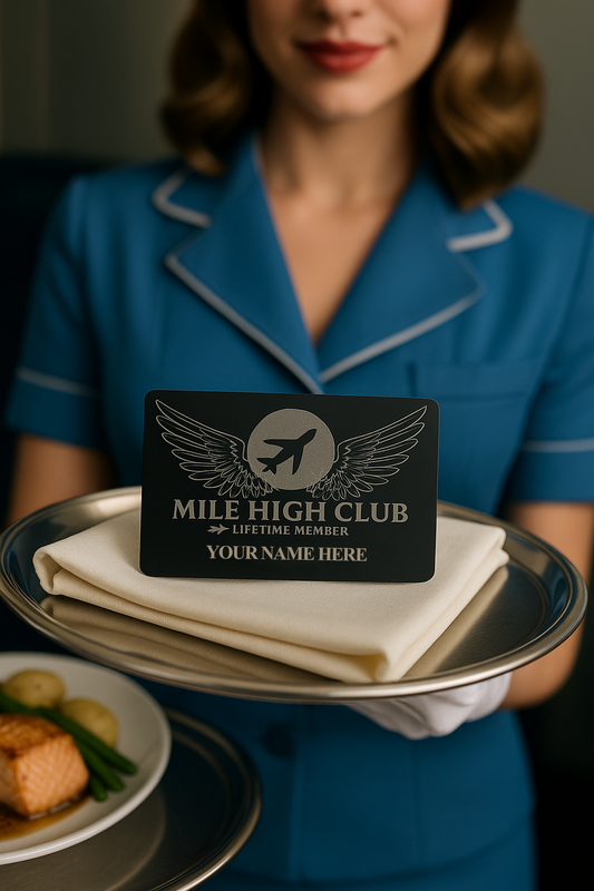 Person in a blue uniform holding a tray with a 'Mile High Club' card.