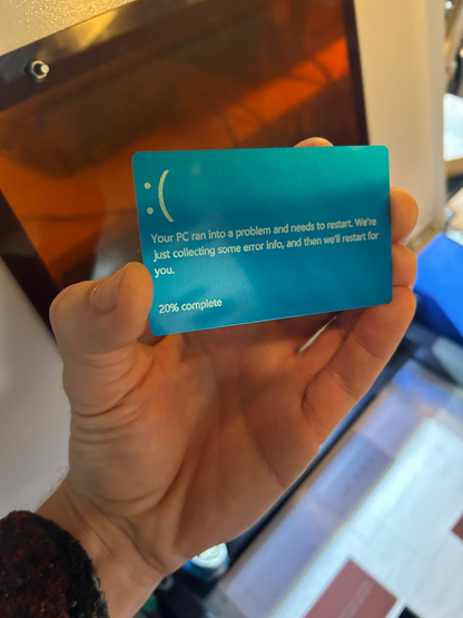 Laser engraved metal Blue Screen of Death card