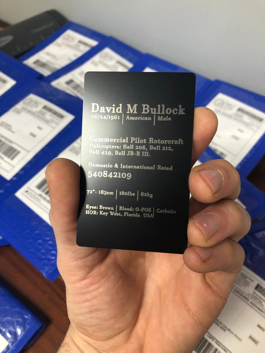 Custom metal sim pilot ID with personalized laser engraved text