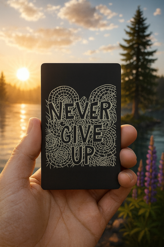 Hand holding a black and silver anodized aluminum gift card with 'Never Give Up' text against a scenic background of a lake and trees.