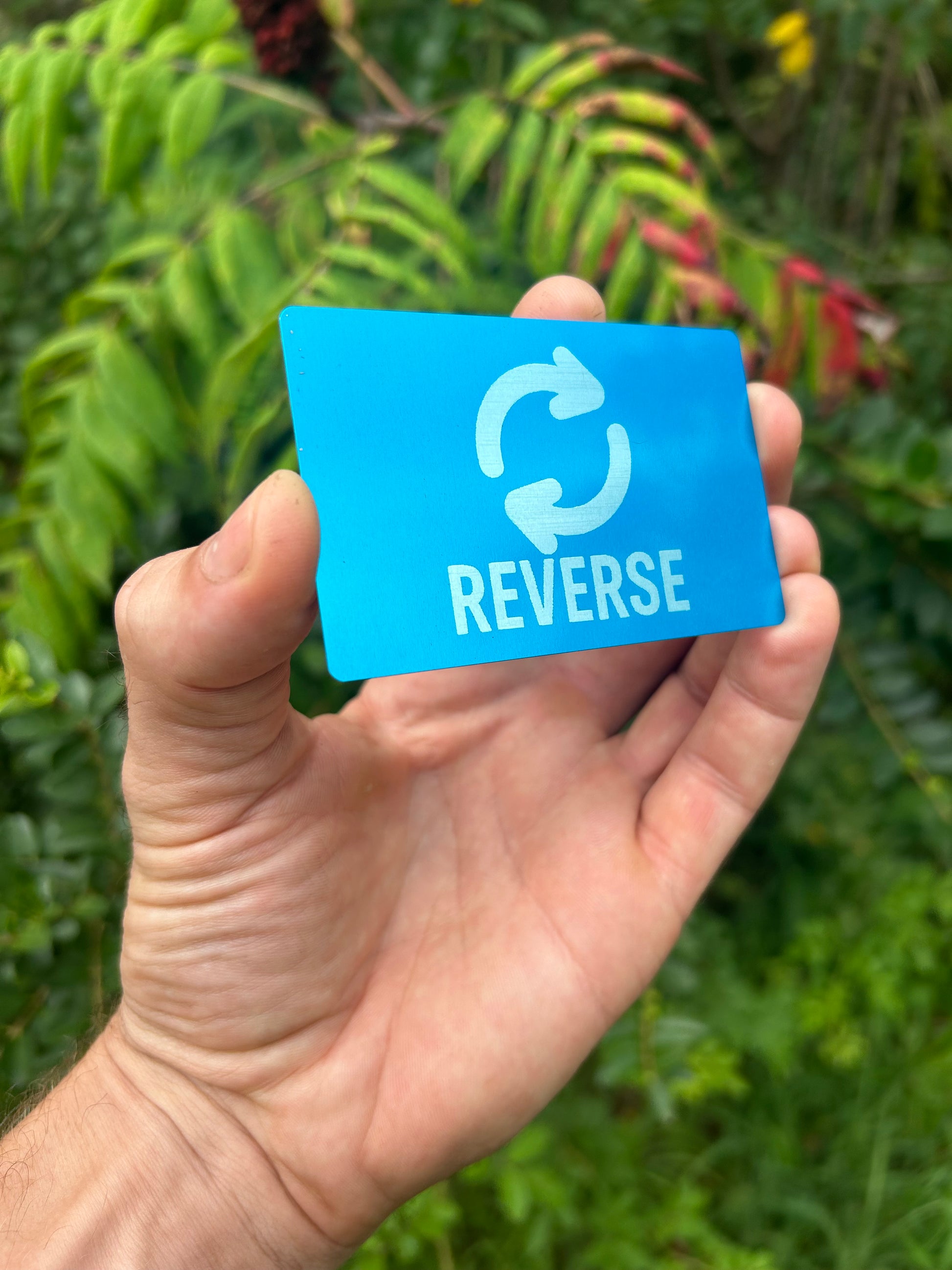 Hand holding a blue/silver card with 'REVERSE' and a reversal symbol against a green leafy background
