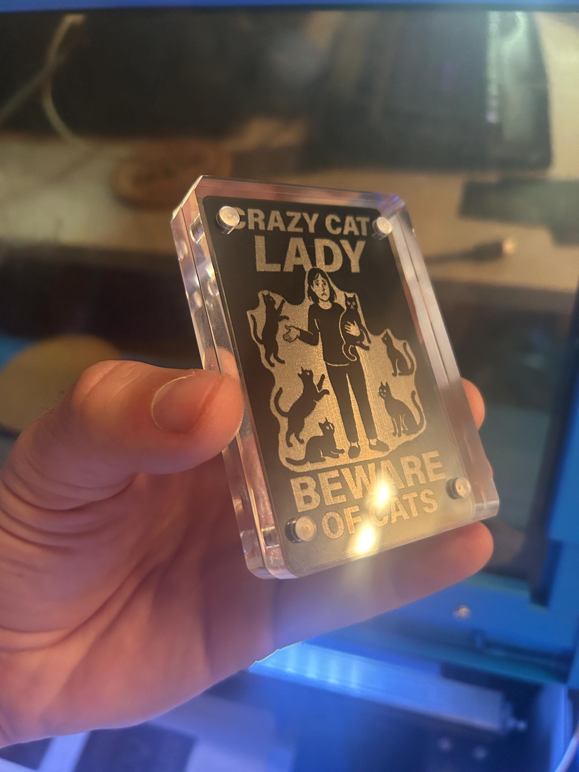 Person holding a funny engraved pet keepsake card with “CRAZY CAT LADY” wording and kitten artwork