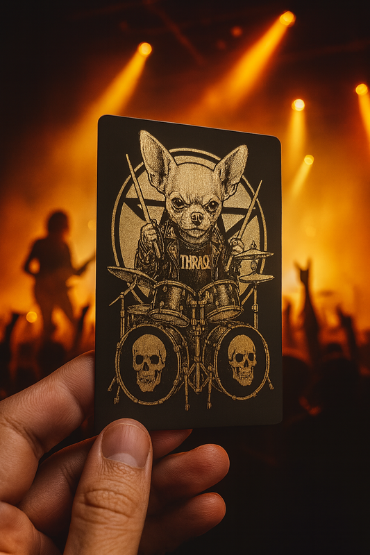 Card with a dog illustration holding drumsticks against a concert background
