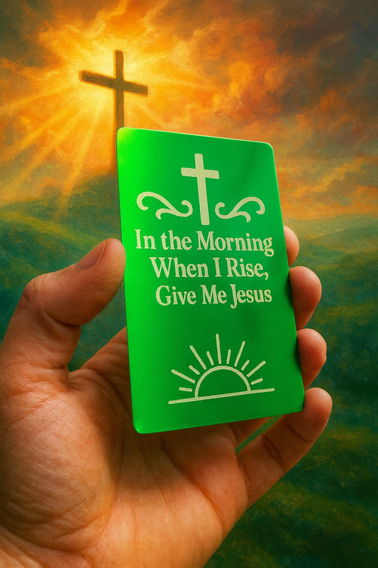 Hand holding a metal green card with a silver cross and text that reads "In The Morning When I Rise, Give Me Jesus" with a sunshine and cross graphic against a scenic background