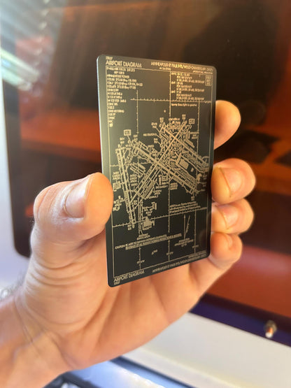 Laser engraved metal airport diagram chart in black/silver anodized aluminum