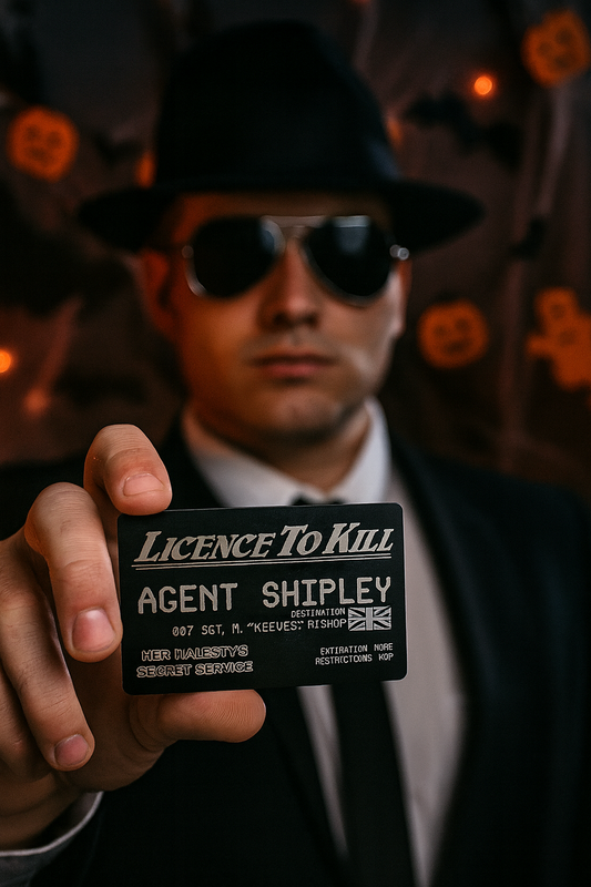 Man holding a 'License To Kill' metal gift card with a Halloween-themed background