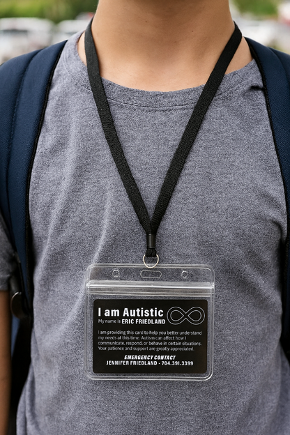 Person wearing a lanyard with an 'I am Autistic' personalized metal identification card.