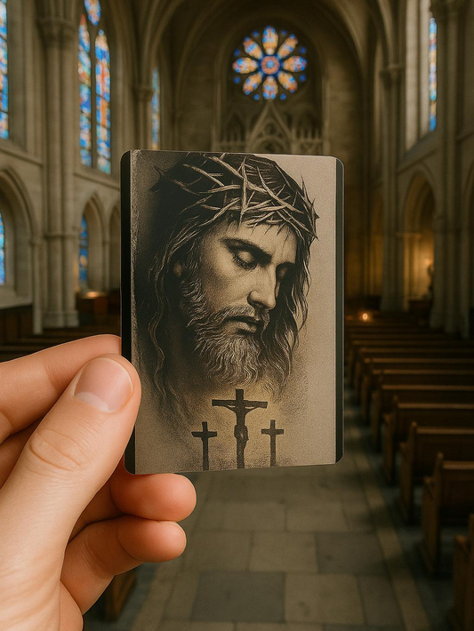 Hand holding a card with a religious design in a cathedral setting