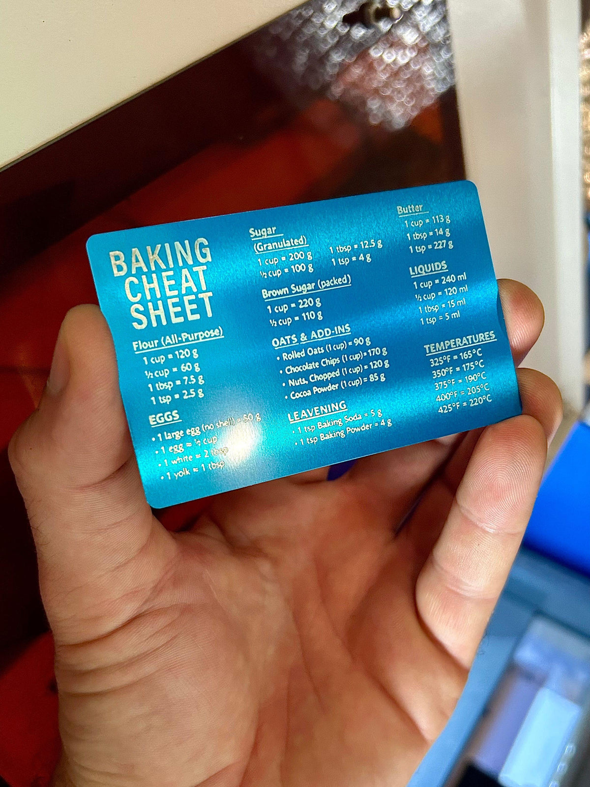 Metal laser engraved baking cheat sheet card in blue/silver anodized aluminum