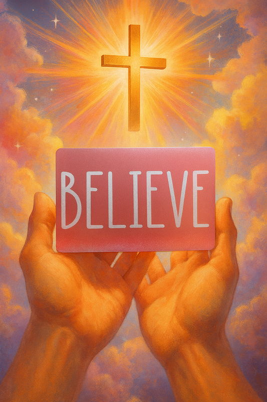 Hands holding a metal 'BELIEVE' sign with a cross and radiant light in the background