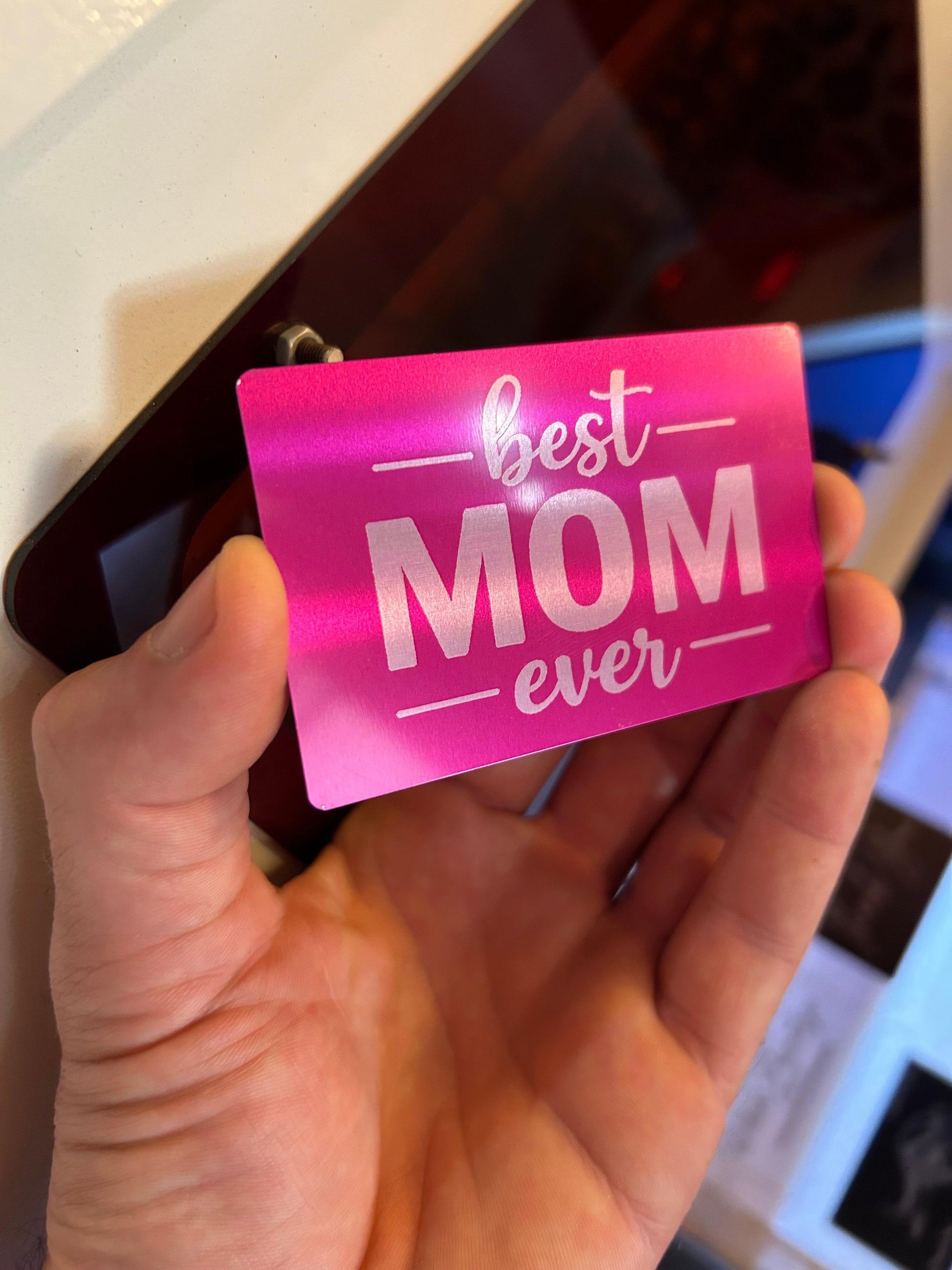 Metal "Best Mom Ever!" laser engraved gift card in purple/silver