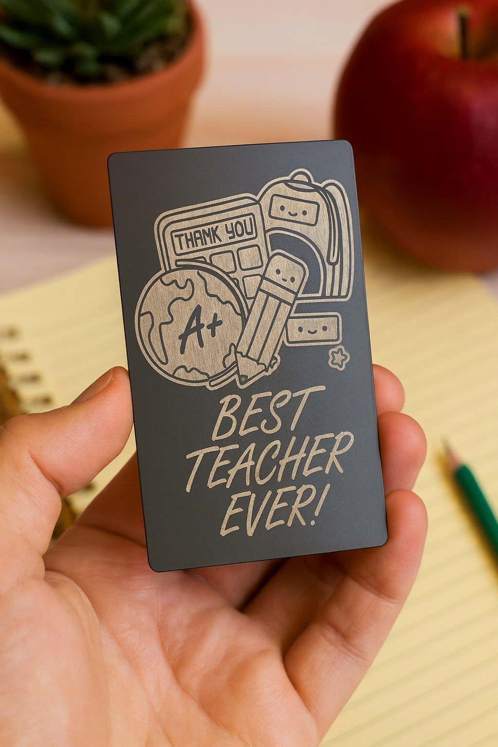 Anodized aluminum laser engraved teacher metal gift card