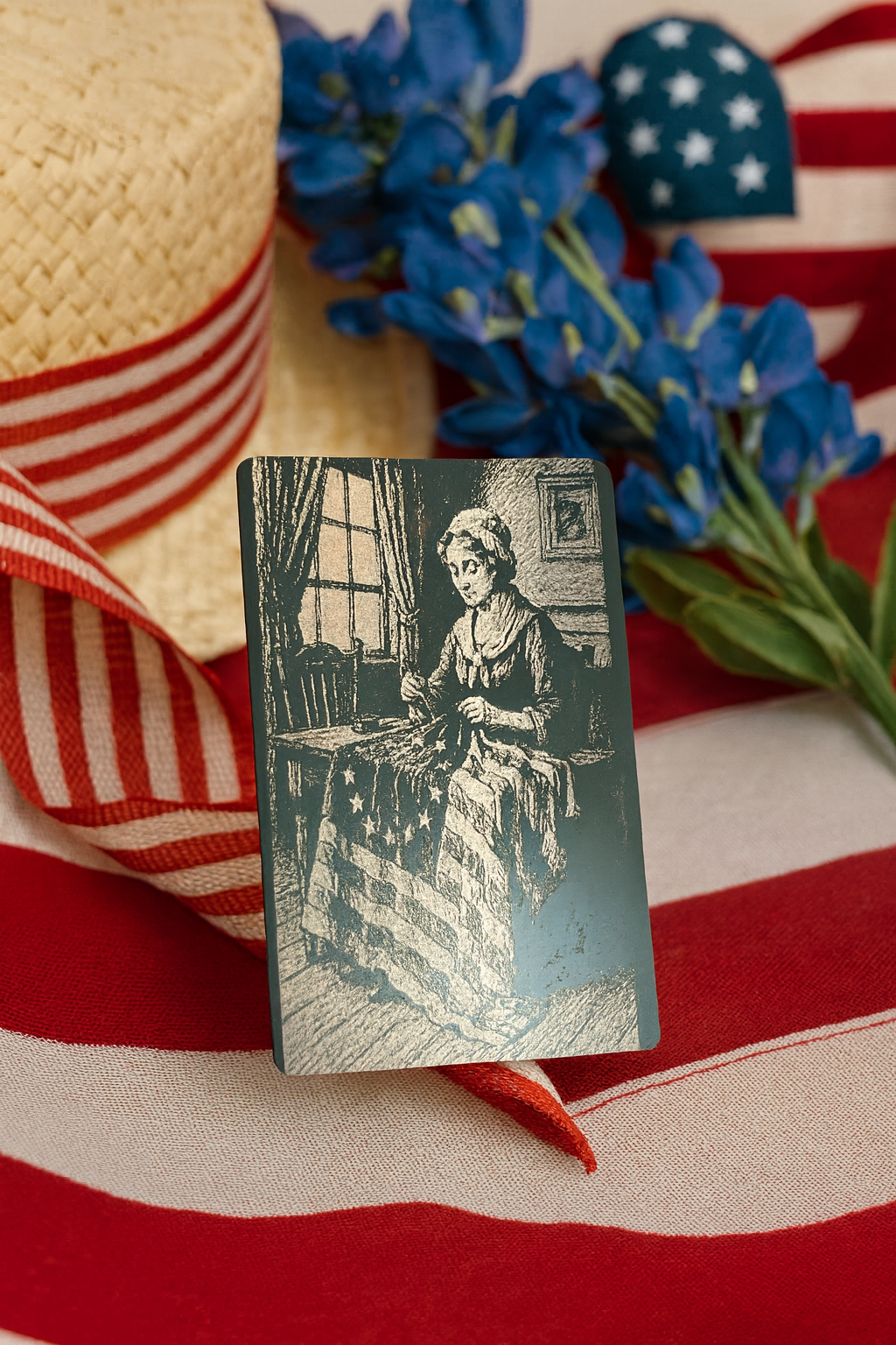 laser engraved illustration of Betsy ross sewing first american flag